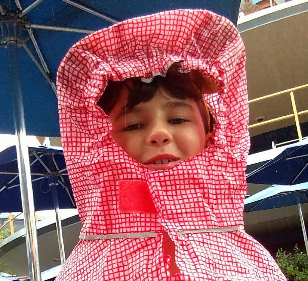 Girl is wearing a poncho over Minnie ears at Disneyland. The poncho is from IKEA.