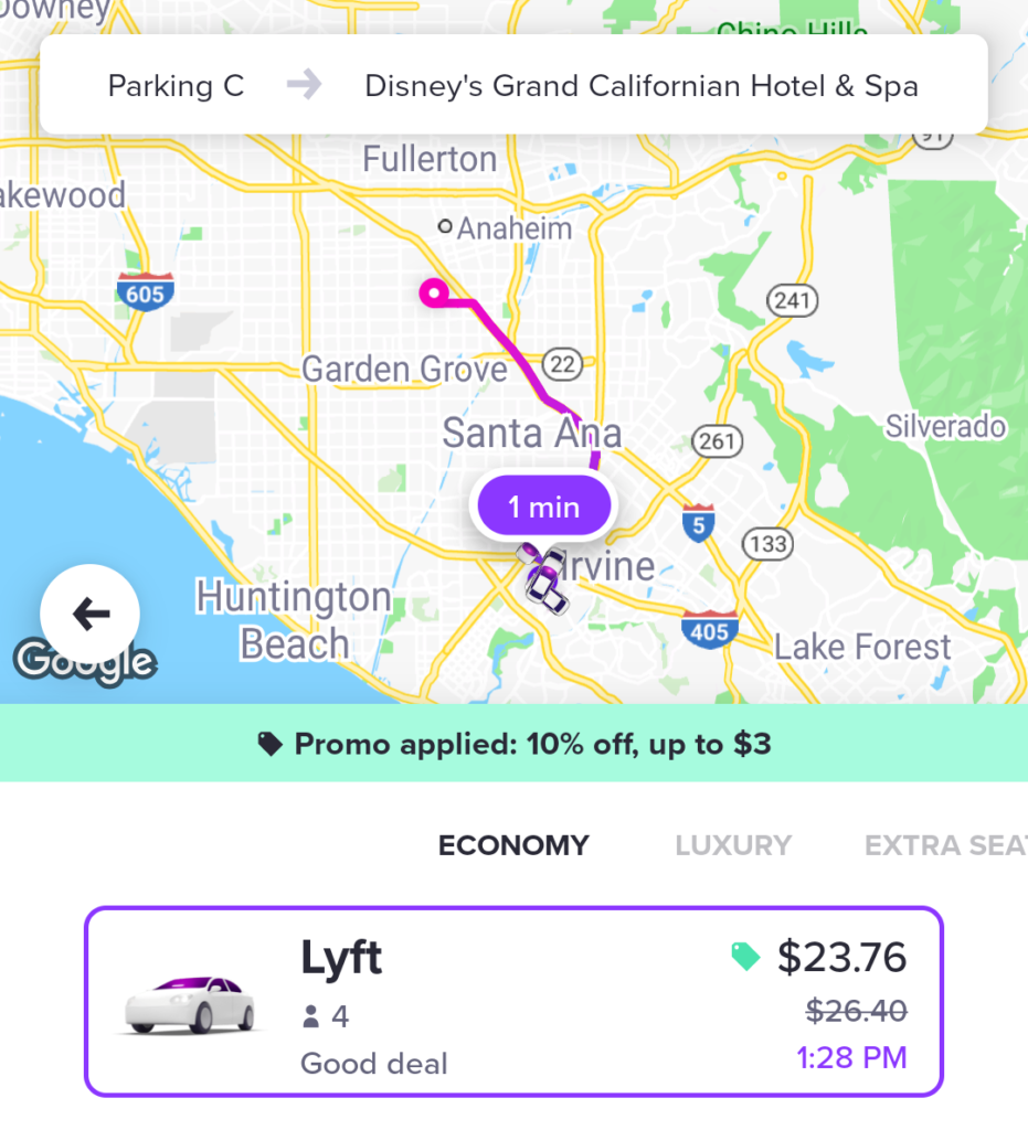 Sample ride share from the Lyft app