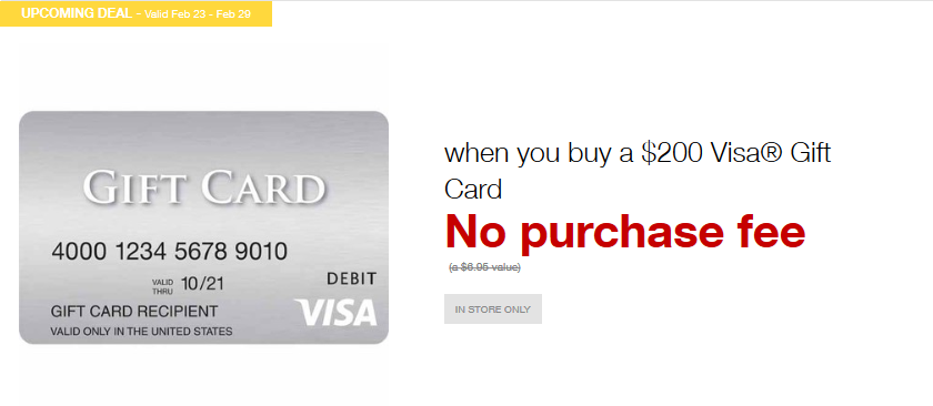 Staples ad for no purchase fee on $200 Visa gift cards from February 23 through February 29, 2020.