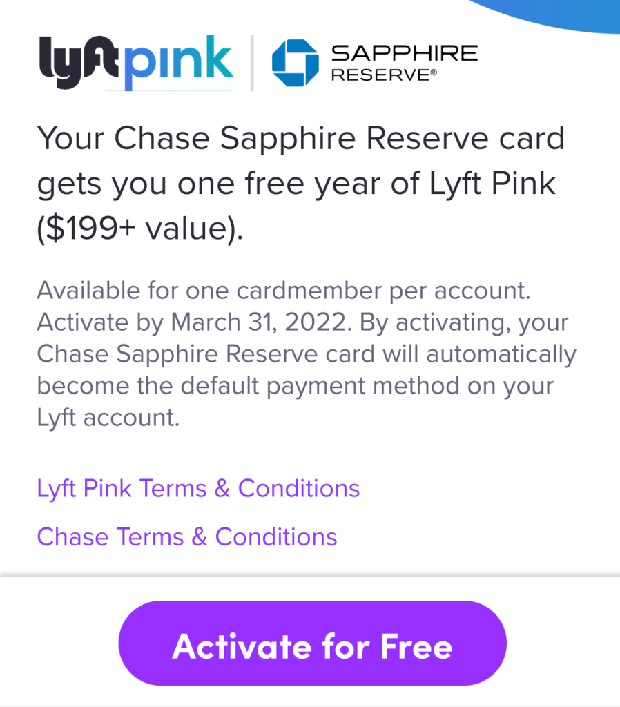 Lyft Pink free for Chase Sapphire Reserve Cardholders