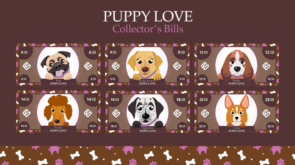 Puppy Love Collector's Bills. Six different puppies represent the amount you could win for searches this week on Swagbucks.